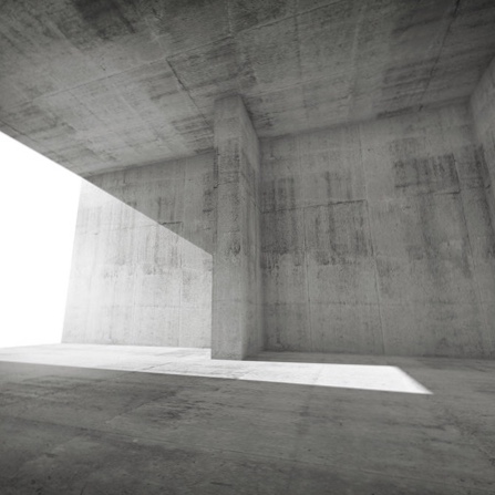 Abstract empty room interior with concrete walls and glowing door